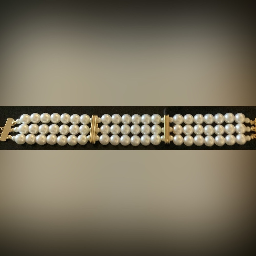 Gold and White Pearl Multi-Strand Bracelet with Crystals